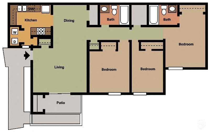 Floor plan for 3 beds, 2 baths, 1158 sqft